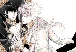  1boy alternate_hairstyle black_hair black_jacket bracelet braid broken_glass clothing_cutout coat coat_on_shoulders colored_skin commentary crack different_reflection dual_persona earrings giorno_giovanna glass haruno_shiobana heart_cutout high_collar jacket jewelry jojo_no_kimyou_na_bouken ladybug_brooch long_hair long_sleeves low_ponytail male_focus mirror parted_lips ponytail reflection stud_earrings swept_bangs untranslatable_commentary vento_aureo white_hair white_jacket white_skin wing_ornament zhhy3324 