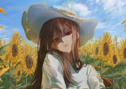  1girl absurdres blue_sky brown_hair character_request check_copyright clouds commentary_request copyright_request day dress dripping field flower flower_field frown hat head_tilt highres honey kyonkyon71 long_hair looking_at_viewer nature one_piece outdoors petals red_eyes sky solo summer sun_hat sunflower sunflower_field upper_body white_dress white_hat yellow_flower 