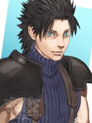  1boy 5tatsu armor black_hair blue_background blue_eyes blue_sweater closed_mouth commentary_request crisis_core:_final_fantasy_vii final_fantasy final_fantasy_vii highres lips looking_at_viewer male_focus parted_bangs ribbed_sweater short_hair shoulder_armor signature skirt sleeveless sleeveless_turtleneck solo spiky_hair suspender_skirt suspenders sweater turtleneck turtleneck_sweater upper_body watermark zack_fair 