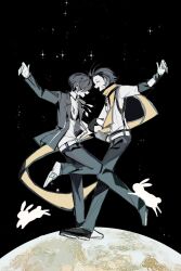 2boys arm_up belt black_hair black_jacket black_pants black_ribbon black_trim closed_eyes full_body gekkoukan_high_school_uniform hair_over_eyes hair_slicked_back highres jacket long_scarf male_focus mochizuki_ryouji mole mole_under_eye moon multiple_boys neck_ribbon open_clothes open_jacket open_mouth pants persona persona_3 rabbit ribbon scarf school_uniform shirt shirt_tucked_in short_hair sky sleeve_cuffs smile space standing star_(sky) starry_sky teketeke_(tasutekete) white_belt white_rabbit_(animal) white_shirt yellow_scarf yuuki_makoto_(persona_3) 