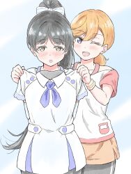  2girls :d :o ;d black_hair blue_background blush bow clothes_in_front commentary dress hair_bow hazuki_ren high_ponytail highres holding holding_unworn_clothes holding_unworn_dress kanikama_(kanikani4567) long_hair love_live! love_live!_superstar!! low_ponytail multiple_girls one_eye_closed open_mouth ponytail shibuya_kanon simple_background sleeveless sleeveless_dress smile teeth untranslatable_commentary unworn_dress upper_teeth_only very_long_hair violet_eyes white_bow white_dress wish_song_(love_live!) yellow_eyes 