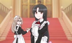  2girls ahoge apron black_dress black_hair blunt_bangs bow brown_eyes brown_hair commentary_request cowboy_shot dress enmaided frilled_apron frills hair_bow hair_over_shoulder highres kantai_collection long_hair long_sleeves maid multiple_girls pink_bow shouhou-san_daisuki_teitoku shouhou_(kancolle) siblings sisters smile very_long_hair white_apron white_hood zuihou_(kancolle) 