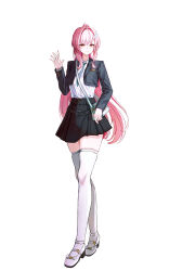  1girl absurdres aemeath_(wuthering_waves) ahoge alternate_costume bag black_jacket black_skirt blue_necktie breasts closed_mouth commentary full_body hair_intakes hair_ornament hand_up highres jacket light_smile long_hair long_sleeves looking_at_viewer medium_breasts necktie orange_eyes pink_hair ponytail shirt shirt_tucked_in shoes shoulder_bag simple_background skindentation skirt smile smodo2132 solo standing star-shaped_pupils star_(symbol) symbol-shaped_pupils thigh-highs thighs waving white_background white_shirt white_shoes white_thighhighs wuthering_waves zettai_ryouiki 