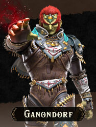  1boy armor capelet character_name colored_skin commentary_request english_text evil_smile ganondorf gerudo highres large_nose looking_at_viewer male_focus official_art reaching reaching_towards_viewer red_hair short_hair shoulder_armor sideburns smile smug solo tassel the_legend_of_zelda the_legend_of_zelda:_ocarina_of_time the_legend_of_zelda:_ocarina_of_time_(2026) 