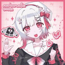  1girl :d beret black_shirt blush_stickers border character_name commentary_request cross-laced_clothes cross-laced_sleeves fang flower gradient_hair grid_background hair_flower hair_ornament hat hat_flower hat_ribbon highres long_sleeves looking_at_viewer mahou_shoujo_no_majo_saiban multicolored_hair open_mouth pink_border pink_eyes pink_hair portrait ribbon sakuraba_ema shirt short_hair skin_fang smile solo wata_sato waving white_flower white_hair white_hat x_hair_ornament 