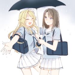  2girls :d ^_^ bag bang_dream! bang_dream!_girls_band_party! black_hair blonde_hair blue_bag blue_neckerchief blue_shirt closed_eyes closed_mouth commentary_request cowboy_shot grey_eyes hanasakigawa_school_uniform headpat highres miniskirt multiple_girls neckerchief okusawa_misaki open_mouth outstretched_arms pleated_skirt rain sailor_collar school_bag school_uniform serafuku shared_umbrella shirt short_sleeves skirt smile succhii_(pikaru) teeth tsurumaki_kokoro umbrella upper_teeth_only white_sailor_collar white_skirt 