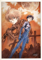  2boys black_hair blue_bodysuit blue_gloves bodysuit border brown_eyes closed_mouth cross dated feet_out_of_frame from_below full_moon gloves hand_on_own_arm highres ikari_shinji interface_headset_(evangelion) looking_at_viewer looking_to_the_side matsubara_hidenori mecha_pilot_suit moon multiple_boys nagisa_kaworu neon_genesis_evangelion official_art outdoors painting_(medium) parted_lips plugsuit_(evangelion) projected_inset red_sky ruins short_hair signature sky smile standing third-party_source traditional_media white_border 