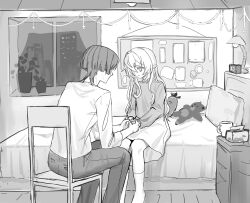  070203wjx 1boy 1girl aged_up alternate_costume alternate_hairstyle bed blunt_ends carrot casual chair closed_mouth contemporary couple cross-shaped_pupils cup drawer facing_another genshin_impact greyscale hair_down hair_intakes hetero highres holding_hands indoors lampshade long_hair long_sidelocks long_sleeves looking_at_another medium_skirt monochrome nahida_(genshin_impact) pants pillow plant pointy_ears potted_plant scaramouche_(genshin_impact) shirt sidelocks sitting sketch skirt skyline stuffed_animal stuffed_toy symbol-shaped_pupils teddy_bear tissue_box window wolf_cut 