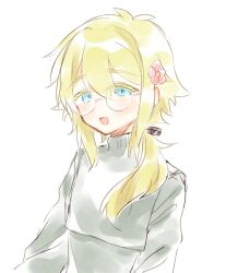  1boy alternate_costume alternate_hair_length_(longer) alternate_hairstyle antenna_hair artist_request basil_(faraway)_(omori) basil_(omori) bespectacled blonde_hair blue_eyes blush double-parted_bangs flower glasses green_sweater hair_between_eyes hair_flower hair_ornament long_hair long_sleeves looking_at_viewer low_ponytail male_focus omori open_mouth ponytail round_eyewear sidelocks simple_background sketch smile solo sweater turtleneck turtleneck_sweater white_background 