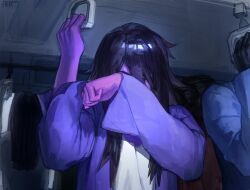  1girl absurdres black_hair colored_skin deltarune english_commentary falkewi hand_grip highres holding_hand_grip jacket long_hair purple_jacket purple_skin shirt signature solo_focus susie_(deltarune) tears train_interior utdr_(toby_fox) white_shirt wiping_tears 