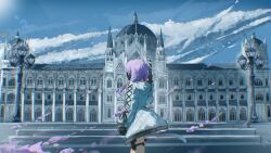  1girl absurdres architecture atsuko_(blue_archive) black_gloves black_mask blue_archive blue_halo blue_sky braid building clouds commentary cowboy_shot day facing_ahead gloves gothic_architecture gun halo highres holding holding_gun holding_weapon holster hood hooded_jacket jacket lamppost long_hair long_sleeves low_twin_braids mask outdoors purple_hair sky solo stalwhat thigh_holster twin_braids weapon white_jacket 