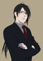  1boy black_hair black_jacket brown_background closed_mouth collared_shirt commentary_request crossed_arms final_fantasy final_fantasy_vii glasses grey_shirt jacket long_hair looking_at_viewer low_ponytail male_focus necktie ponytail red_eyes red_necktie sd_supa shirt solo suit_jacket upper_body variant_set vincent_valentine 