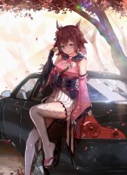  1girl absurdres advarcher animal_ears blue_eyes blush breasts car closed_mouth detached_sleeves ear_covers fingerless_gloves flower gloves hair_between_eyes hair_flaps hair_flower hair_ornament highres horse_ears horse_girl horse_tail japanese_clothes kimono looking_at_viewer medium_breasts medium_hair motor_vehicle pink_hair pink_kimono pink_sleeves sakura_chiyono_o_(strength_in_full_bloom)_(umamusume) sakura_chiyono_o_(umamusume) sandals skirt sleeveless sleeveless_kimono smile solo tail thigh-highs umamusume vehicle_request white_skirt white_thighhighs 