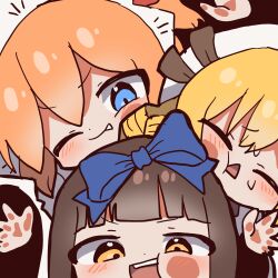  3girls :d against_glass blonde_hair blue_bow blue_eyes blunt_bangs blush bow brown_hair closed_mouth commentary drill_hair face_against_glass fairy fang hair_between_eyes highres korean_commentary long_hair looking_at_viewer luna_child magg_(user_mtca8588) medium_hair multiple_girls open_mouth orange_hair smile star_sapphire sunny_milk touhou triangle_mouth yellow_eyes 