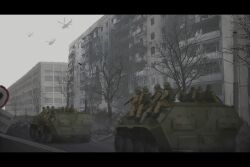  6+boys absurdres aircraft ak-74 armored_personnel_carrier armored_vehicle assault_rifle battle_of_slavyansk black_boots body_armor boots btr-70 camouflage camouflage_jacket clouds commentary convoy day fog gun helicopter helmet highres holding holding_gun holding_weapon jacket kalashnikov_rifle letterboxed military military_combat_uniform military_uniform military_vehicle motor_vehicle multiple_boys original outdoors rifle road ruins russo-ukrainian_war soldier sun20021109 ukraine war war_in_donbass weapon 