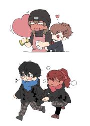  2boys 2girls absurdres amamiya_ren aragaki_shinjirou black_eyes black_hair blush brown_hair couple deformed full-face_blush full_body glasses heart hetero highres holding_hands hug long_hair moobki multiple_boys multiple_girls musical_note persona persona_3 persona_3_portable persona_5 persona_5_the_royal ponytail red_eyes red_hair shiomi_kotone short_hair yoshizawa_kasumi 