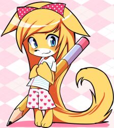  1girl :3 animal_ears animal_feet animal_nose blonde_hair blue_eyes blush bow chibi chibi_only ears_down full_body furry furry_female hair_bow heart heart_print lined_paper_print looking_at_viewer onukogirl original oversized_object pencil pink_bow polka_dot polka_dot_bow shirt shorts solo tail white_shirt white_shorts yellow_fur 