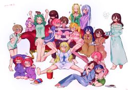  +++ +_+ 1boy 6+girls aijou_rentarou animal_on_head antenna_hair arms_up bare_arms bare_legs barefoot black_pants black_shirt blonde_hair blue_eyes blue_hair blue_pants blush brown_hair bug butterfly butterfly_on_head ccsnja9ikp51753 clenched_teeth closed_eyes commentary_request cookie couch covered_eyes eating eiai_nano food girl_sandwich glasses green_eyes green_hair hair_over_eyes hanazono_hahari hanazono_hakari haraga_kurumi heart heart-shaped_pupils highres hood hood_down hood_up hooded_pajamas hoodie iin_chiyo inda_karane kakure_meme kimi_no_koto_ga_dai_dai_dai_dai_daisuki_na_100-nin_no_kanojo long_hair meido_mai meido_mei momi_momiji multiple_girls nightgown on_couch on_floor on_head oversized_clothes oversized_shirt pajamas pants pink_hair pink_hoodie pink_thighhighs pointing popcorn popcorn_bucket purple_hair purple_hoodie purple_shirt red_eyes red_hair rentarou_family sandwiched shirt short_hair simple_background sitting sparkle squirrel statue_of_liberty striped_clothes striped_pajamas striped_shirt sutou_iku symbol-shaped_pupils t-shirt teeth thigh-highs thumb_sucking torotoro_kishika tray utsukushisugi_mimimi very_long_hair violet_eyes white_background white_shirt yakuzen_kusuri yakuzen_yaku yamato_nadeshiko_(hyakkano) yasashiki_yamame yoshimoto_shizuka 