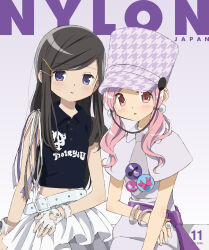 2girls absurdres akemi_homura anime_coloring artist_request bangle belt belt_buckle black_hair black_shirt bracelet buckle capelet clothes_writing collared_capelet commentary_request cowboy_shot dated dot_nose dress expressionless eyes_visible_through_hair fashion fingerless_gloves frilled_skirt frills gloves grey_dress grey_necktie hair_bobbles hair_ornament hair_over_shoulder hair_tie hairclip hand_on_lap hat highres jewelry jitome kaname_madoka light_blush light_frown long_hair low_twintails madoka_runes mahou_shoujo_madoka_magica mahou_shoujo_madoka_magica:_walpurgis_no_kaiten midriff multiple_girls navel necktie official_alternate_costume official_art parallel_hairclips parted_lips pink_eyes pink_hair print_headwear print_shirt purple_background purple_eyes purple_hat purple_ribbon purple_sash pushpin ribbon sash second-party_source see-through_clothes see-through_sleeves shako_cap shirt shoulder_ribbon single_bare_shoulder single_glove single_sleeve sitting skirt straight_hair tareme twintails very_long_hair waist_sash wavy_hair white_belt white_capelet white_gloves white_ribbon white_shirt