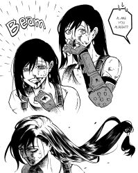 1girl absurdres bare_shoulders black_hair blood blood_from_mouth blood_on_clothes blood_on_face collarbone commentary earrings english_commentary english_text final_fantasy final_fantasy_vii final_fantasy_vii_remake fingerless_gloves floating_hair gloves greyscale grin hair_between_eyes highres jewelry long_hair looking_at_viewer low-tied_long_hair monochrome nosebleed onism179 open_mouth sequential serious single_arm_guard smile suspenders tank_top teardrop_earrings tifa_lockhart upper_body 