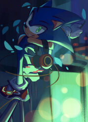  1boy animal_ears animal_nose blue_fur blurry bokeh cytus cytus_ii depth_of_field furry furry_male gloves headphones hedgehog_boy highres kuelandak on_railing petals railing shoes solo sonic_(series) sonic_the_hedgehog standing white_gloves 