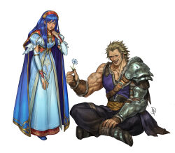  1boy 1girl armor biceps blue_cape broken_tooth cape commentary dress english_commentary fire_emblem fire_emblem:_the_binding_blade flower giving_flower gonzalez_(fire_emblem) highres holding holding_flower indian_style jaeon009 lilina_(fire_emblem) looking_at_another muscular muscular_male open_mouth pauldrons shoulder_armor single_pauldron sitting smile white_background white_dress 