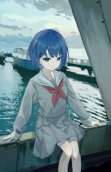  1girl absurdres blue_eyes blue_hair boat clouds cloudy_sky commentary_request grey_shirt grey_skirt harbor highres kiritani_haruka long_sleeves looking_at_viewer neckerchief neu_33 ocean outdoors pleated_skirt project_sekai red_neckerchief sailor sailor_collar school_uniform shirt short_hair sitting skirt sky water watercraft 