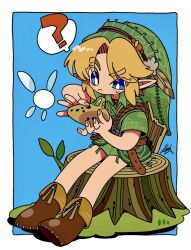  ? belt blonde_hair blue_eyes blush boots border deku_shield fairy feathers green_hat green_tunic hat highres holding_ocarina instrument kanekoshake kokiri link navi ocarina on_tree_stump phrygian_cap pointy_ears shield shield_on_back sitting speech_bubble the_legend_of_zelda the_legend_of_zelda:_ocarina_of_time tree tree_stump tunic white_border wooden_shield 