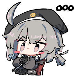  1girl ahoge beret black_gloves black_hat black_skirt blush brown_jacket cheyanne_(girls'_frontline_2) chibi chibi_only commentary crossed_fingers girls'_frontline_2:_exilium girls_frontline gloves grey_hair hat hexaa highres jacket long_hair low_ponytail m200_(girls'_frontline) no_mouth off_shoulder pleated_skirt ponytail shirt simple_background skirt solo untranslatable_commentary white_background white_shirt 