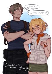  1boy 1girl absurdres black_gloves blonde_hair blue_eyes blue_shirt brown_hair chest_holster commentary english_commentary gloves heather_mason highres leon_s._kennedy male_focus margaret_h muscular muscular_male pants resident_evil resident_evil_4 resident_evil_4_(remake) shirt short_hair silent_hill_(series) silent_hill_3 sleeveless sleeveless_turtleneck turtleneck 