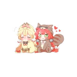  2girls :3 alice_thymefield animal_costume black_bow black_bowtie blonde_hair blush bow bowtie chibi chibi_only closed_eyes closed_mouth flying_sweatdrops full_body green_eyes hair_bow hair_ornament heart long_hair multiple_girls open_mouth rabbit_costume raccoon_tail rebecca_(keinelove) red_hair simple_background sitting smile sphere_hair_ornament tail tanuki_costume ukinami_yuzuha white_background white_bow white_bowtie zenless_zone_zero 