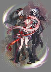  1girl 2boys aqua_streaks ashveil_(honkai:_star_rail) baseball_cap bastta belt belt_buckle black_boots black_gloves black_hair black_hat black_jacket black_leg_warmers black_nails black_pants black_shoes boothill_(honkai:_star_rail) boots brown_belt buckle colorful_background commentary cowboy_hat crop_top cropped_jacket fingerless_gloves fishnet_gloves fishnets full_body gloves green_eyes grey_hair grey_shoes grin gun hand_on_own_hat hat highres holding holding_gun holding_sword holding_weapon honkai:_star_rail honkai_(series) horns jacket knee_boots leg_warmers long_hair looking_at_viewer low_block_heels multicolored_hair multiple_boys navel open-toe_shoes pants pants_tucked_in pink_eyes pink_hair ponytail pouch rappa_(honkai:_star_rail) red_eyes red_horns revolver sharp_teeth sheriff_badge shirt shoes short_shorts short_sleeves shorts sleeves_rolled_up small_horns smile streaked_hair sword teeth thigh_pouch untranslatable_commentary weapon white_gloves white_hat white_jacket white_shirt 