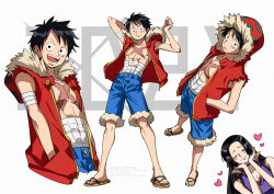 1boy 1girl abs bare_pectorals black_hair blue_shorts commentary_request covered_abs cross_scar fur-trimmed_shorts fur_trim grey_background hamhamugi_mugi hands_in_pockets heart hood hood_up hooded_jacket jacket monkey_d._luffy multiple_views nico_robin one_piece open_clothes open_jacket pectorals red_jacket sandals sarashi scar scar_on_chest scar_on_face short_hair shorts sleeveless sleeveless_jacket standing toned toned_male torn_clothes torn_sleeves twitter_username watermark 