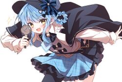  1girl :d asymmetrical_legwear bag black_bag black_bow black_bowtie black_capelet black_hat black_pantyhose blue_hair blue_necktie blue_skirt bow bowtie braid braided_hair_rings capelet collared_shirt contrast_collar crossbody_bag deerstalker frilled_skirt frills hair_rings hat highres holding holding_magnifying_glass layered_skirt long_sleeves magnifying_glass mahou_shoujo_no_majo_saiban necktie open_mouth pantyhose plaid_clothes plaid_skirt shirt short_hair simple_background single_leg_pantyhose skirt smile solo tachibana_sherry tm21 unmoving_pattern vest white_background white_shirt yellow_eyes 