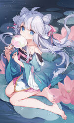  1girl ahoge bare_shoulders barefoot bison_cangshu chinese_clothes closed_mouth collarbone commentary_request cone_hair_bun flower grey_hair hair_bun hand_fan hanfu highres holding holding_fan juliet_sleeves lily_pad long_hair long_sleeves merry_(meumy) meumy paper_fan pink_flower puffy_sleeves smile solo uchiwa very_long_hair virtual_youtuber water wide_sleeves 