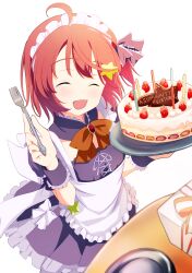  1girl :d ^_^ absurdres ahoge aig8654fez apron back_bow birthday_cake black_bow black_skirt black_wrist_cuffs bow bowtie breasts cake candle closed_eyes collar commentary_request cowboy_shot detached_collar dual_wielding facing_viewer food fork frilled_bow frilled_collar frilled_skirt frilled_wrist_cuffs frills fruit hair_bow hair_ornament hands_up happy happy_birthday highres holding holding_fork holding_tray hoshizora_no_memoria maid maid_apron maid_headdress medium_breasts minahoshi_asuho miniskirt one_side_up open_mouth orange_bow orange_bowtie pleated_skirt red_hair simple_background skirt smile solo star_(symbol) star_hair_ornament strawberry tray white_background white_bow wrist_cuffs 