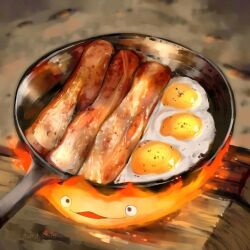  bacon black_eyes calcifer commentary cooking egg fire fluffybiscotti food food_focus frying_pan howl_no_ugoku_shiro no_humans pepper_(spice) signature solo 