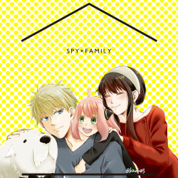  1boy 2girls adoptive_parent_and_adoptive_child ahoge anya_(spy_x_family) black_dress black_hair blonde_hair blue_eyes blush bond_(spy_x_family) closed_eyes closed_mouth commentary_request copyright_name dog dress earrings family father_and_child father_and_daughter gold_earrings great_pyrenees green_eyes grey_shirt hairband hairpods highres jewelry kinak03 long_sidelocks long_sleeves looking_at_another medium_hair mother_and_child mother_and_daughter multiple_girls parent_and_child petting pink_hair polka_dot polka_dot_background red_dress shirt short_hair short_hair_with_long_locks sidelocks spy_x_family sweater sweater_dress twilight_(spy_x_family) twitter_username upper_body very_short_hair white_hairband yor_briar 