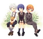  3boys black_legwear blonde_hair blue_eyes blue_hair blush bob_cut child closed_eyes cravat formal grey_eyes grey_legwear hijirikawa_masato jinguuji_ren kneehighs kurosaka_ranmaru loafers mole multiple_boys necktie plaid_jacket shoes short_hair shorts silver_hair stuffed_animal stuffed_toy suit supsenders teddy_bear uta_no_prince-sama younger yu_(y-z) 