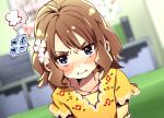  1girl anger_vein angry blue_eyes blush brown_hair dress dutch_angle flower hair_flower hair_ornament idolmaster idolmaster_million_live! looking_at_viewer pout short_hair solo spoken_anger_vein suou_momoko synrnmd 
