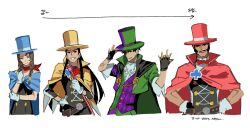  1girl 3boys ace_attorney aiguillette apollo_justice:_ace_attorney argyle_clothes argyle_vest ascot bare_shoulders belt belt_bag black_dress black_eyes black_gloves black_hair black_shirt blue_cape blue_eyes blue_hat bow bowtie braid brooch brown_belt brown_hair buttons cape center_frills closed_mouth club_(shape) collared_cape commentary_request cropped_jacket cropped_torso cross-laced_clothes cross-laced_top dangle_earrings dark-skinned_male dark_skin diamond_button dress earrings facial_hair fingerless_gloves frills gloves gold_earrings green_cape green_hat green_jacket green_pants green_vest grin hair_over_shoulder hair_tubes hand_on_headwear hand_on_own_chest hand_on_own_elbow hand_on_own_hip hand_up hands_on_own_hips happy hat height_chart height_difference high_collar highres holding holding_staff jacket jewelry korean_commentary korean_text long_hair long_sleeves looking_at_viewer magician manov_mistree mature_male messy_hair multiple_boys mustache open_clothes open_jacket outfit_connection pants phoenix_wright:_ace_attorney_-_spirit_of_justice pleated_dress purple_hat purple_pants purple_vest red_bow red_bowtie red_cape red_hat red_scarf saman_zero7 scarf shirt short_hair sidelocks simple_background sleeve_cuffs smile split-color_clothes staff straight_hair studded_belt studs three-quarter_sleeves traditional_bowtie trait_connection translation_request trucy_wright twin_braids two-tone_headwear two-tone_pants two-tone_vest valant_gramarye very_long_hair vest white_ascot white_background white_gloves white_shirt yellow_cape yellow_hat zak_gramarye 