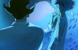  2boys ace_attorney air_bubble aquarium big_hair blue_theme bobby_fulbright brown_hair bubble collared_jacket collared_shirt commentary_request cowboy_shot from_behind green_shirt hand_in_pocket hand_on_own_chin herman_crab indoors jacket korean_commentary lab_coat lapels light_particles long_sleeves looking_at_animal looking_at_another male_focus messy_hair multiple_boys notched_lapels parted_lips phoenix_wright:_ace_attorney_-_dual_destinies saman_zero7 school_of_fish shirt short_hair sleeve_cuffs standing stethoscope three-quarter_sleeves upper_body whale white_hair white_jacket 