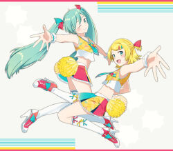  2girls ahoge alternate_costume alternate_hairstyle aqua_eyes aqua_hair aqua_necktie asymmetrical_legwear blonde_hair breasts cheerleader commentary_request fang frilled_skirt frilled_wristband frills grin hatsune_miku high_heels kagamine_rin kneehighs long_hair looking_at_viewer matching_outfits midair miniskirt multicolored_skirt multiple_girls necktie one_eye_closed open_mouth outstretched_arms pom_pom_(cheerleading) ponytail shirt short_hair short_necktie short_ponytail single_thighhigh skin_fang skirt sleeveless sleeveless_shirt small_breasts smile socks suica_(agonasubi) thigh-highs twintails two-tone_shirt uneven_legwear vocaloid white_thighhighs yellow_shirt 