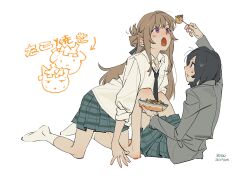  2girls absurdres barefoot bddd777 black_hair black_necktie blue_eyes blue_skirt braid brown_hair collared_shirt commentary_request dated feeding food full_body grey_jacket half_up_braid highres jacket long_hair long_sleeves medium_hair miyagi_shiori multiple_girls necktie open_mouth pleated_skirt school_uniform sendai_hazuki shirt shuuniichido_classmate_wo_kau_hanashi simple_background skirt sleeves_rolled_up socks sweatdrop takoyaki translation_request twitter_username violet_eyes white_background white_shirt yuri 