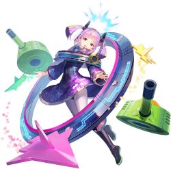  1girl 404_game_re:set arched_bangs black_boots blonde_streaks boots cannon cathode_(404_game_re:set) commentary dress english_commentary floating floating_object full_body knee_boots medium_hair multicolored_hair official_art open_mouth pantyhose personification pink_eyes print_dress purple_dress purple_hair ship_turret simple_background solo space_print starry_sky_print streaked_hair third-party_source twintails white_background white_pantyhose yuugen zaxxon 