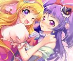  2girls ;d ameno_ame asahina_mirai black_hat blonde_hair bow cure_magical cure_miracle gem hair_bow hand_on_another&#039;s_shoulder hat izayoi_liko long_hair magical_girl mahou_girls_precure! mini_hat mini_witch_hat multiple_girls one_eye_closed open_mouth pink_background precure puffy_sleeves purple_hair red_bow smile upper_body violet_eyes witch_hat 