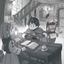  1boy 2girls ahoge arm_behind_back averting_eyes barrel belt belt_buckle blush book book_stack breasts bright_pupils buckle call_bell cape capelet carpet closed_mouth coin commentary cowboy_shot cropped_vest dress fantasy flask gloves greyscale hand_in_own_hair hand_on_table hand_up hands_up hat highres holding holding_coin holding_staff hood hooded_vest hoodie indoors inn jun_(navigavi) lantern long_sleeves looking_at_another mage_staff medium_breasts medium_hair monochrome multiple_girls nib_pen_(object) nose open_book open_clothes open_mouth open_vest original pants pen pointing pointing_at_self poison railing scroll sheath sheathed shirt short_hair sleeve_bow slice_of_life staff stairs sword table tunic upper_body vest wall_lamp weapon window wooden_door wooden_floor wooden_railing wooden_wall wristband 