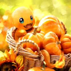  artist_name basket blue_eyes charmander flower fluffybiscotti no_humans nostrils open_mouth pokemon pokemon_(creature) pumpkin solo sunflower 