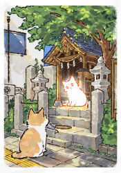  animal cat commentary_request day fish gentlecat ghost highres holding holding_animal holding_fish korean_commentary leaf mouth_hold no_humans original outdoors rope shide shimenawa shrine stairs tree 