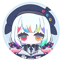  1girl artist_painter artist_request beret border bow chibi chibi_only collared_shirt colored_tips copyright_notice hair_ornament hat heterochromia highres jacket jacket_partially_removed jogasaki_noah long_hair looking_at_viewer mahou_shoujo_no_majo_saiban multi-tied_hair multicolored_hair neck_ribbon no_mouth official_art polka_dot polka_dot_bow profile_picture red_eyes ribbon round_border shirt solo streaked_hair white_hair white_shirt yellow_eyes 